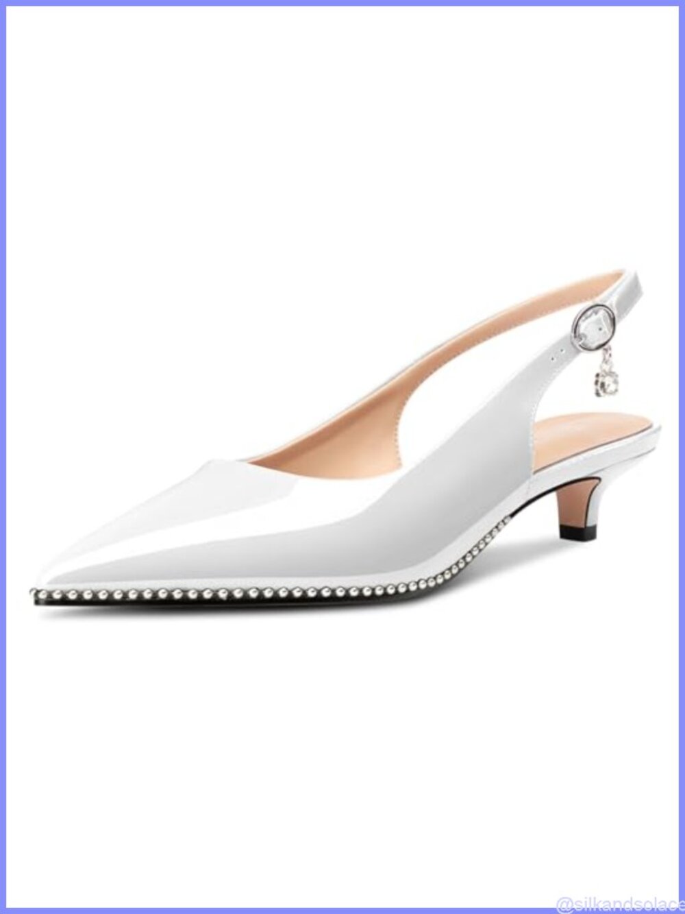 Womens Low Kitten Heel Slingback Pointed Toe Pumps Patent Leather Beaded Buckle